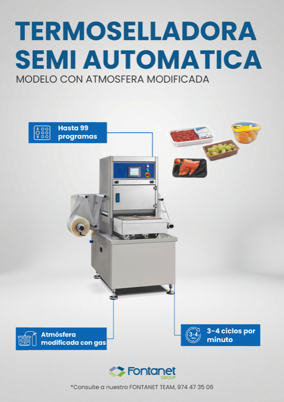 Termoselladora Semiautomática MAP - Termoselladora semiautomática MAP para alimentos frescos Termoselladora Semiautomática MAP - Termoselladoras para industria cárnica | Maquinaria industrial Fontanet Group